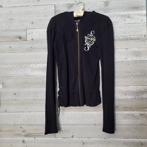 Hard Rock Cafe Tops - HARD ROCK café women M black leopard Puna Cana graphic zip up hoodie.Y2k style.